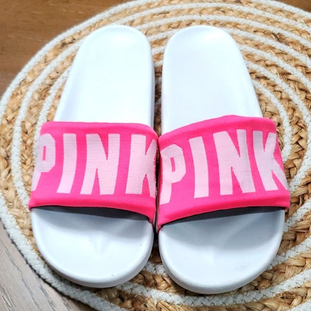 VICTORIAS SECRET PINK LOGO SLIDES SANDALS BEACH SHOWER POOL SHOES, Size 8